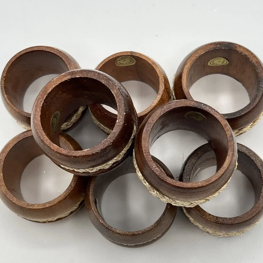 Set of 8 Wood Napkin Rings w/ Braided Jute Band, Brown/Beige Hand Wash Only